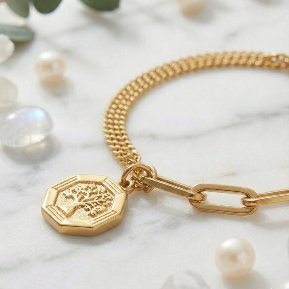 18K Gold Plated Stainless Steel Tree of Life Charm Paperclip Chain Bracelet - Picture 15 of 15